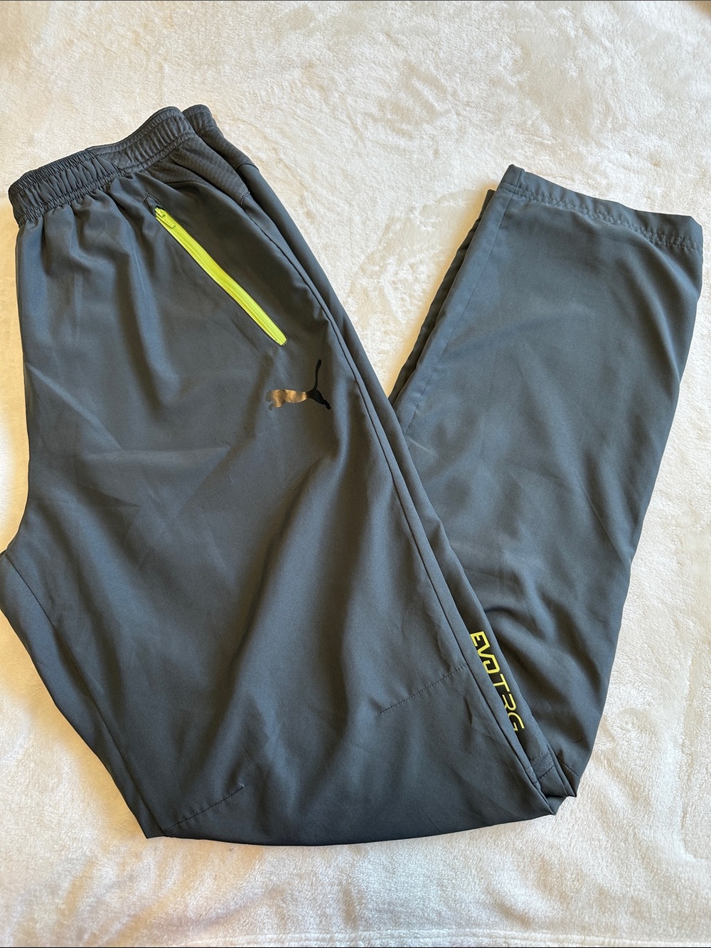 Puma Men's Gray Windbreaker Pants with Neon Yellow Accents - Active casual wear